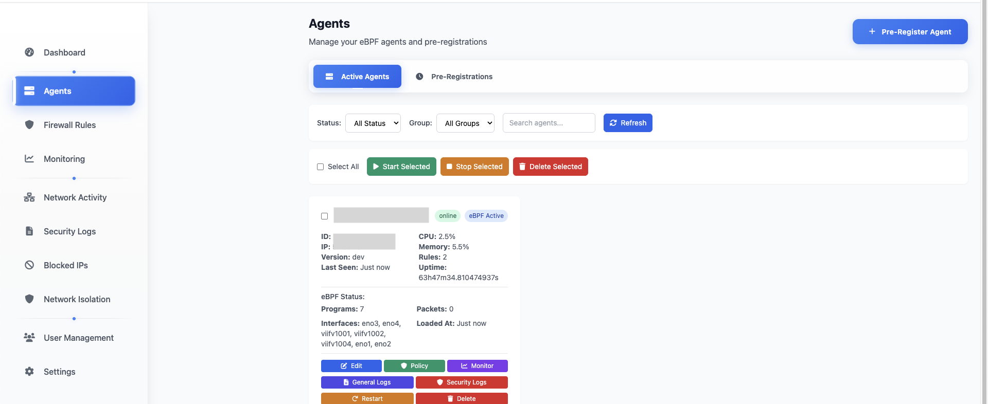 ZWall Agent Management Dashboard showing real-time network monitoring and firewall rules